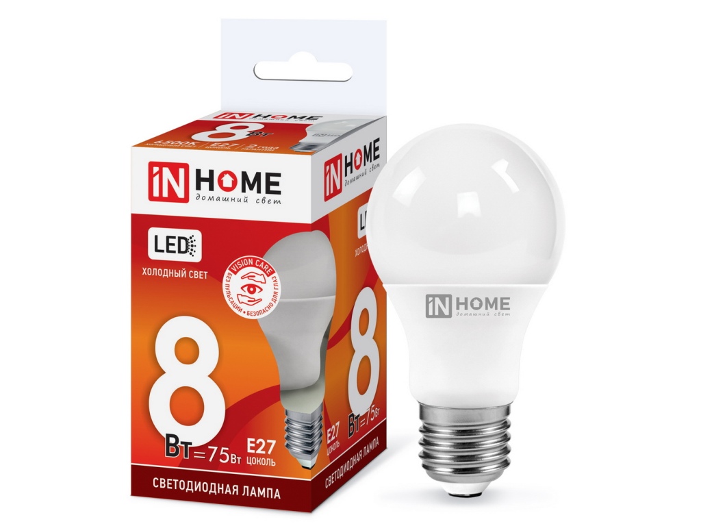 Лампа светодиодная LED-A60-VC 8Вт 230В Е27 6500К 760Лм IN HOME Лампа светодиодная LED-A60-VC 8Вт 230В Е27 6500К 760Лм IN HOME