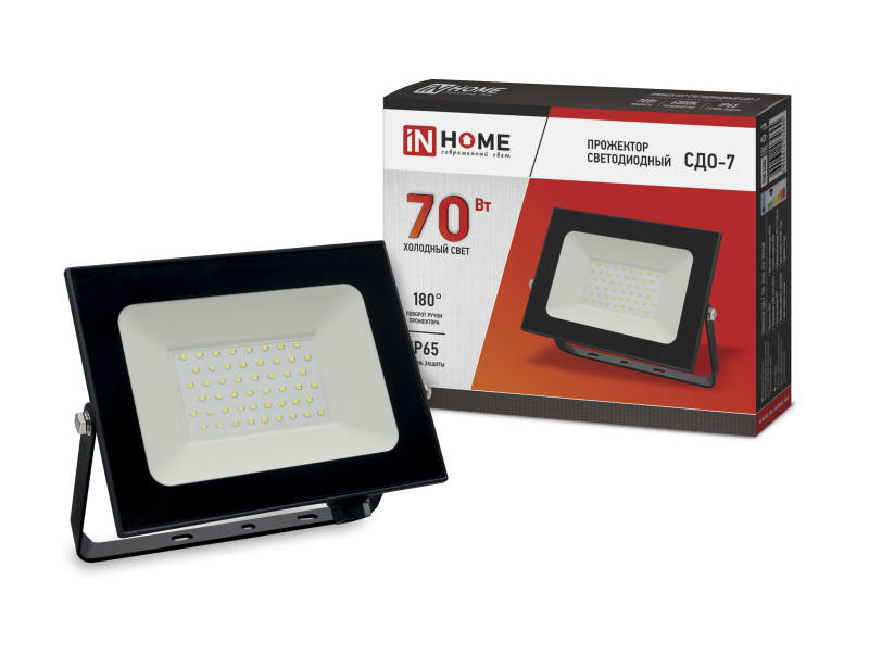 Прожектор светодиодный СДО-7 70Вт 230В 6500К IP65 черный IN HOME Прожектор светодиодный СДО-7 70Вт 230В 6500К IP65 черный IN HOME