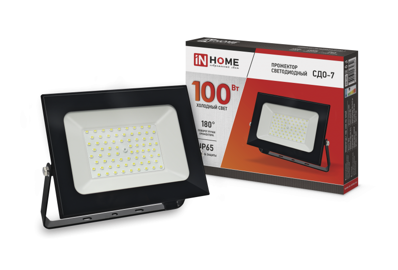 Прожектор светодиодный СДО-7 100Вт 230В 6500К IP65 черный IN HOME Прожектор светодиодный СДО-7 100Вт 230В 6500К IP65 черный IN HOME