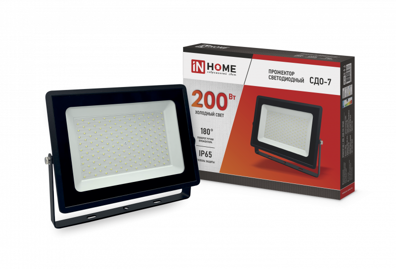 Прожектор светодиодный СДО-7 200Вт 230В 6500К IP65 черный IN HOME Прожектор светодиодный СДО-7 200Вт 230В 6500К IP65 черный IN HOME