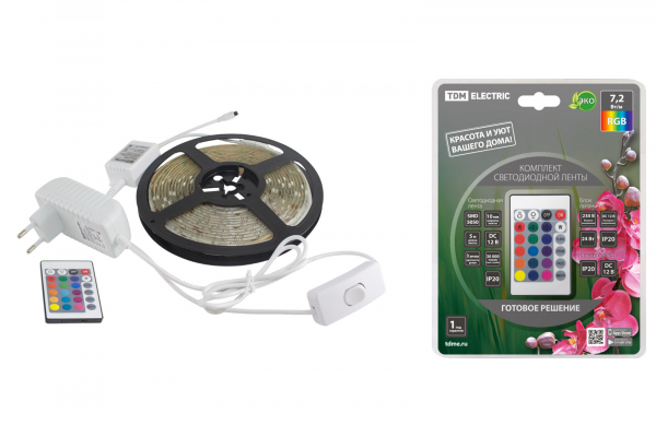 Комплект светодиодной ленты SMD5050-30 LED/м-12 В-7,2 Вт/м-IP20-RGB (5 м), 24 Вт, IR-контроллер TDM Комплект светодиодной ленты SMD5050-30 LED/м-12 В-7,2 Вт/м-IP20-RGB (5 м), 24 Вт, IR-контроллер TDM